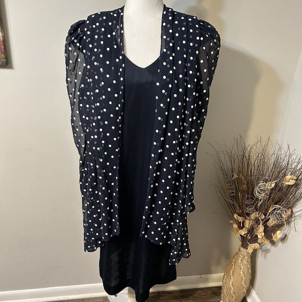 Vtg Gilberti 2Pc Blue Polka Dot Short Dress And Draped Cardigan Set USA Sz 18
